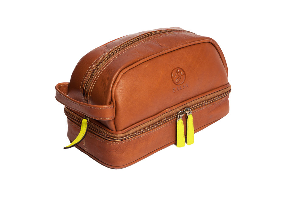 Kit de viaje en cuero con gran espacio, color miel 