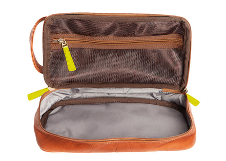 Kit de viaje en cuero con gran espacio, color miel 