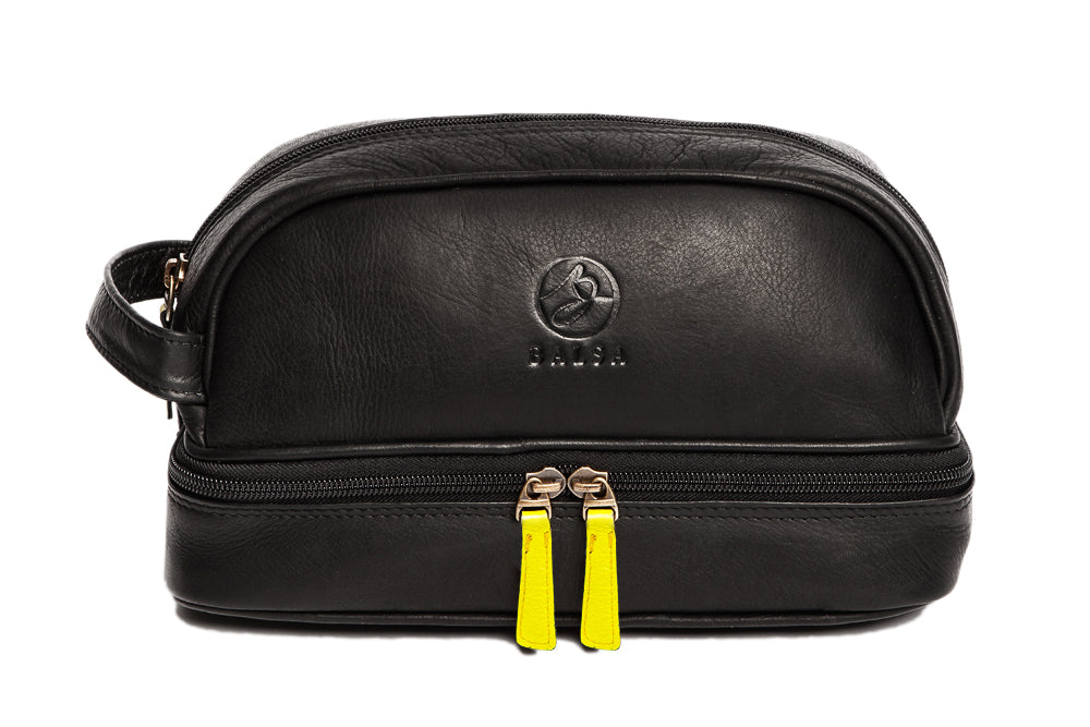 Kit de viaje en cuero con gran espacio, color Negro