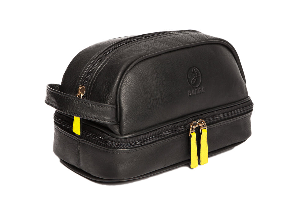 Kit de viaje en cuero con gran espacio, color Negro